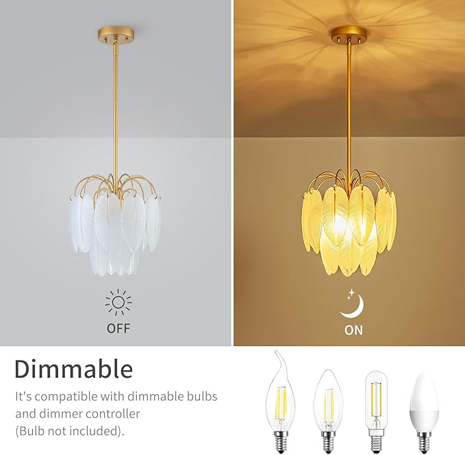 LumFurn D12inch 3-Light Glass Chandeliers, Modern 2-Tier Pendant Light Fixture for Dining Room, Living Room, D12x18~47Inch Adjustable Height, White Frosted Glass Feather Shade & Gold Finish Frame