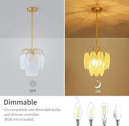 LumFurn D12inch 3-Light Glass Chandeliers, Modern 2-Tier Pendant Light Fixture for Dining Room, Living Room, D12x18~47Inch Adjustable Height, White Frosted Glass Feather Shade & Gold Finish Frame