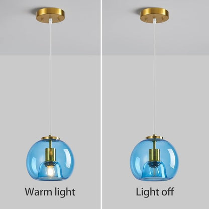Light Blue Glass Pendant Lights Kitchen Island Gold Hanging Light Fixture Glass Globe Pendant Light Modern Pendant Lighting for Kitchen Island Bedroom Dining Room (7.87", B Style-1 Pack)