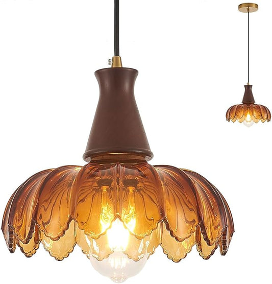 YLONG-ZS Pendant Lights Kitchen Island,Vintage Hanging Kitchen Light Fixtures with Amber Flower Glass，Walnut Wood Color Modern Hanging Pendant Ceiling Light for Island Dining Room Bedroom Living Room