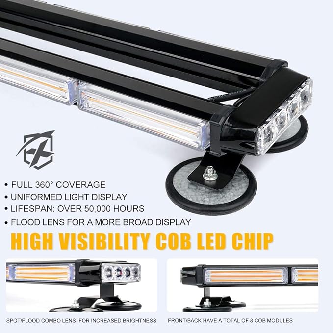 Xprite Amber COB LED Rooftop Strobe Flashing Light Bar Double Side 26" High Visibility Emergency Hazard Warning Beacon Lights w/Magnetic Base for Safety Vehicles Tow Trucks Pickup Cars Snowplow