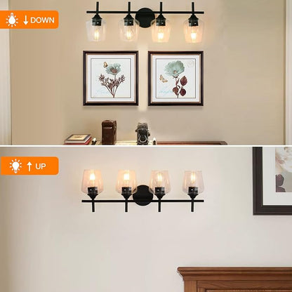 4-Light Bathroom Light Fixtures, Matte Black Vanity Lights with Clear Glass Shades, Modern Wall Lights for Mirror Kitchen Living Room Hallway Cabinet Porch