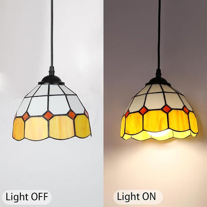 HuisMier Tiffany Plug in Pendant Light, Dimmable Mini Hanging Light with Plug in Cord and On Off Dimmer Switch, 15 Ft Vintage Stained Glass Swag Lamp for Dining Room Restaurant Bedroom, 7.9" Width