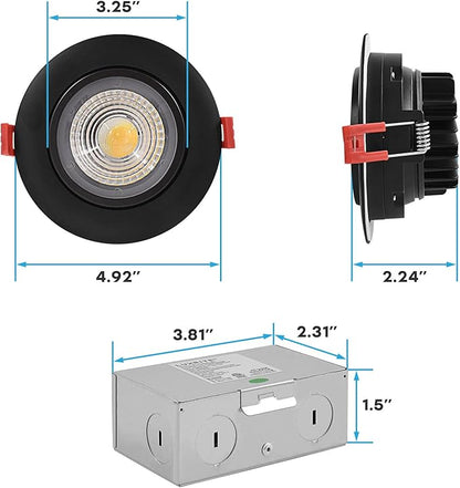 LUXRITE 4 Inch Gimbal LED Recessed Light with Junction Box, 11W=75W, 5CCT Color Selectable 2700K-5000K, Adjustable Swivel LED Eyeball Lights, 1000LM, Dimmable, Damp Rated, ETL Listed, Black (4 Pack)