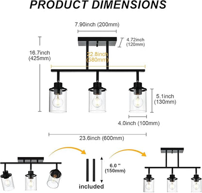 Yaohong 3-Light Kitchen Track Light Fixtures Ceiling Vanity Lights Black, Bathroom Track Lighting Kit with Ajustable Heads, Modern Wall Ceiling Tracking Light for Hallway Shop