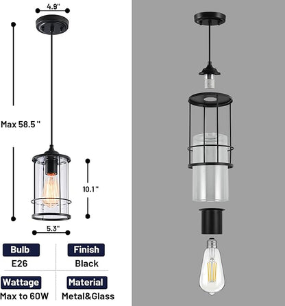 AKEZON Black Pendant Light Kitchen Island Glass Pendant Light Fixture, Kitchen Hanging Lights with Clear Glass, Modern Farmhouse Cage Pendant Lights for Dining Room Hallway Bathroom