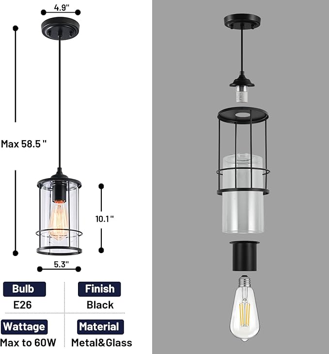 AKEZON Pendant Lights, Black Hanging Light Fixtures Kitchen Island 2 Pack with Clear Glass, Modern Industrial Cage Pendant Lighting for Kitchen Dining Room Entryway Bathroom
