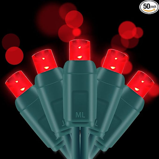 UL Listed 50 Count Dimmable 5MM Wide Angle Led Christmas Light Set,Outdoor Mini Led String Light for Outdoor Garden Patio Trees Lighting Decoration,17 Feet Green Wire (Red Color)