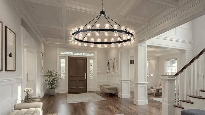 48 Inch Black Crystal Wagon Wheel Chandelier, Modern Farmhouse Round 48-Lights Pendant Lighting Fixture, for High Ceilings Living Room, Bedroom, Foyer