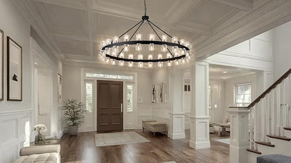 48 Inch Black Crystal Wagon Wheel Chandelier, Modern Farmhouse Round 48-Lights Pendant Lighting Fixture, for High Ceilings Living Room, Bedroom, Foyer