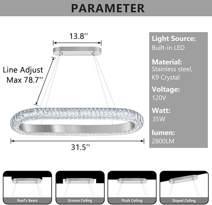 32'' Oval Ring Crystal Chandelier Modern LED Dimmable Ring Pendant Light Chandelier for Dining Room Living Room Silver