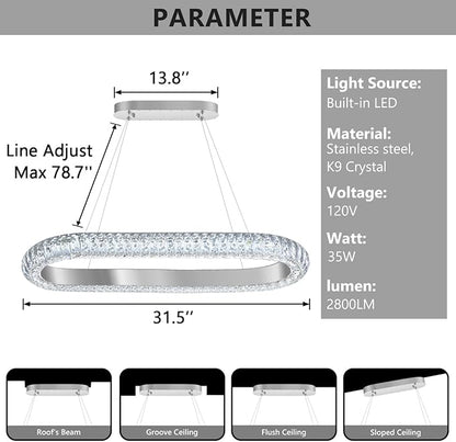 32'' Oval Ring Crystal Chandelier Modern LED Dimmable Ring Pendant Light Chandelier for Dining Room Living Room Silver