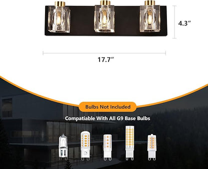 Modern Crystal Vanity Lights,3 Light Bathroom Vanity Light fixtures,Black and Gold Bathroom Lights Over Mirror,Wall Sconces Light for Bathroom,Hallway Bedside Stairway