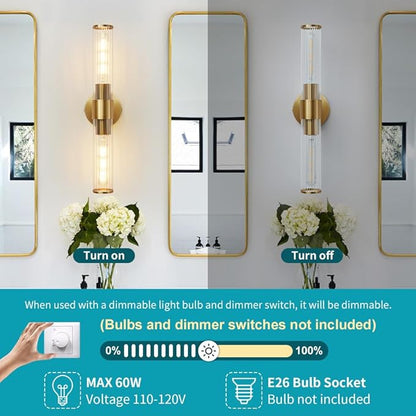 Bathroom Light Fixtures, Gold Wall Sconce in Threaded Glass Indoor Wall Sconces, Modern Bathroom Vanity Light Up and Down Sconces Wall Lighting for Living Room, Hallway - Bulb Not Included