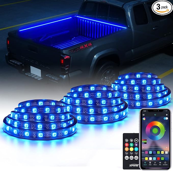 Xprite 60" RGB Truck Bed Bluetooth Lights Kit, Neon Accent Exterior Glow Rails Light Strips w/APP Control & Wireless Remote, for Cargo, Tonneau Cover, Pickup Trucks, Van, SUV, Camper RV, Boat - 3PCS