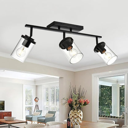 BONLICHT Industrial Vintage Indoor Wall Mount Spotlight 3 Light Modern Semi Flush Mount Ceiling Light Black Adjustable Track Lighting Kit Rustic Bathroom Vanity Light Fixture with Clear Glass Shade