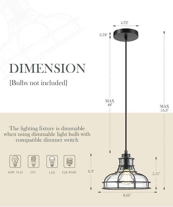 Industrial Pendant Lights Kitchen Island Black 8.7", Hanging Light Fixtures with Clear Glass and Metal Cage, Farmhouse Kitchen Pendant Light for Dining Room, Bedroom, Living Room