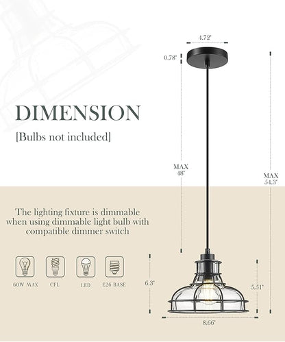 Industrial Pendant Lights Kitchen Island Black 8.7", Hanging Light Fixtures with Clear Glass and Metal Cage, Farmhouse Kitchen Pendant Light for Dining Room, Bedroom, Living Room