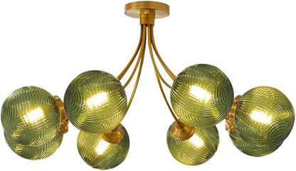 8-Light Flush Mount Light Vintage Gold Sputnik Chandelier Light Fixtures Ceiling Mount Green Round Glass Globe Shade, Semi Flush Mount Ceiling Light for Living Room Kitchen