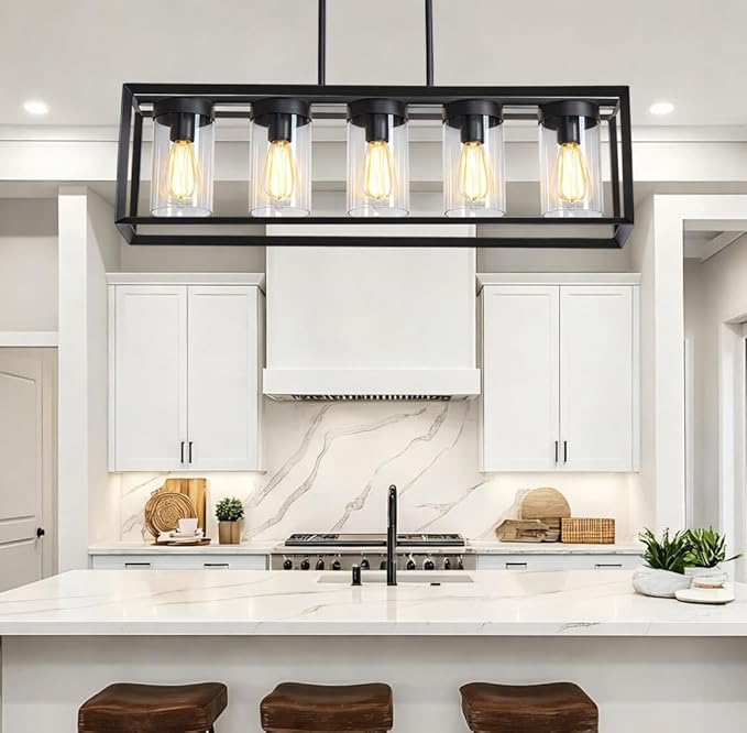 Modern 5-Light Black Rectangular Farmhouse Chandeliers, Linear Dining Room Light Fixture with Clear Glass Shades, Kitchen Island Lighting Fixtures over Table Ceiling Hanging Pendant Lights