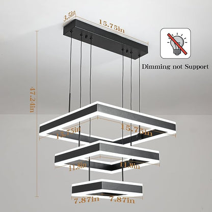 O'NEELDY LED Pendant Light Fixture, 20.47'' Modern Chandelier Square Rings Adjustable Height Black Pendant Lighting 3 Lights Kitchen Island Chandeliers for Dining Room, 6000K