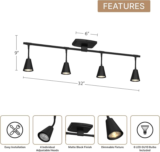 Modern LED 4-Light Track Lighting, Matte Black, 32 Inch, 4 GU10 LED Bulbs Included, Directional Spotlight Fixtures, Kitchen Ceiling and Wall Lights for Living Room