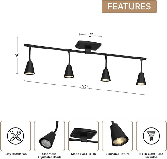Modern LED 4-Light Track Lighting, Matte Black, 32 Inch, 4 GU10 LED Bulbs Included, Directional Spotlight Fixtures, Kitchen Ceiling and Wall Lights for Living Room