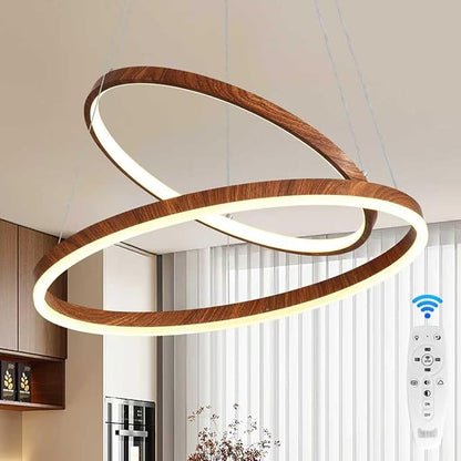 LED Chandelier for Dining Room 2 Ring LED Ceiling Hanging Light Adjustable Dimmable with Remote Modern Farmhouse Circular Wood Painted Round Pendant Light for Entryway, Bedroom, Office