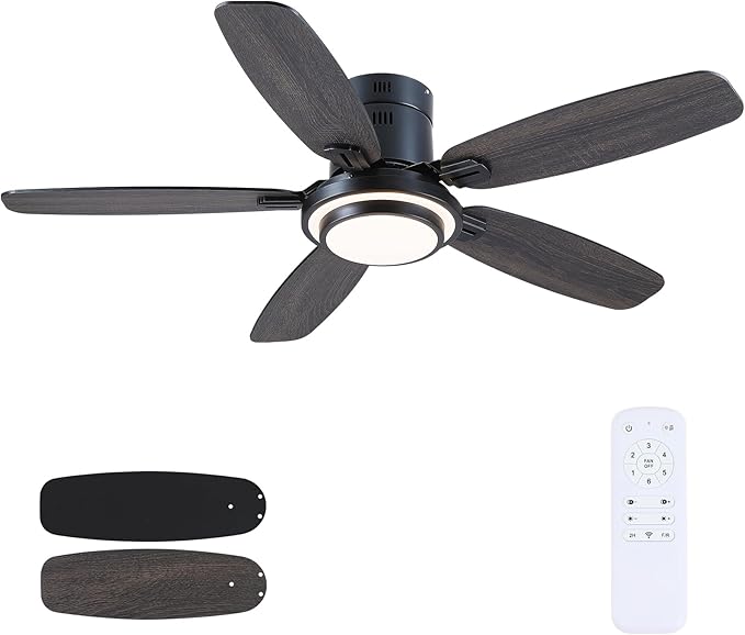 Hounberi 50 Inch Low Profile Ceiling Fans with Lights and Remote, Modern Flush Mount Black Ceiling Fan, 3CCT, Dimmable, Quiet DC Reversible Motor, for Bedroom Living Room Indoor/Outdoor Use