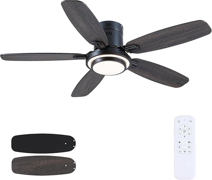 Hounberi 50 Inch Low Profile Ceiling Fans with Lights and Remote, Modern Flush Mount Black Ceiling Fan, 3CCT, Dimmable, Quiet DC Reversible Motor, for Bedroom Living Room Indoor/Outdoor Use