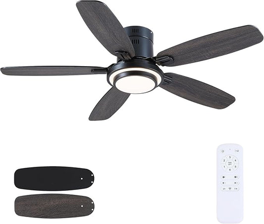 Hounberi 50 Inch Low Profile Ceiling Fans with Lights and Remote, Modern Flush Mount Black Ceiling Fan, 3CCT, Dimmable, Quiet DC Reversible Motor, for Bedroom Living Room Indoor/Outdoor Use