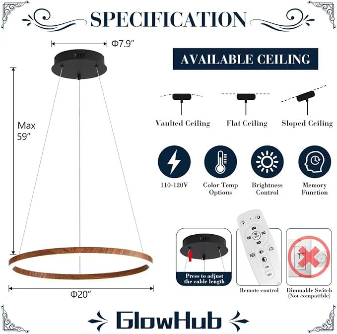 GlowHub Modern LED Chandelier, Wood Grain 1-Ring LED Pendant Light Fixture with Remote Control, Farmhouse Round Chandelier for Dining Room, 20 Inches Circle Hanging Light for Foyer Kitchen