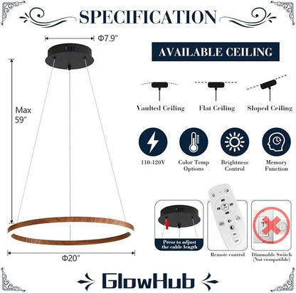 GlowHub Modern LED Chandelier, Wood Grain 1-Ring LED Pendant Light Fixture with Remote Control, Farmhouse Round Chandelier for Dining Room, 20 Inches Circle Hanging Light for Foyer Kitchen