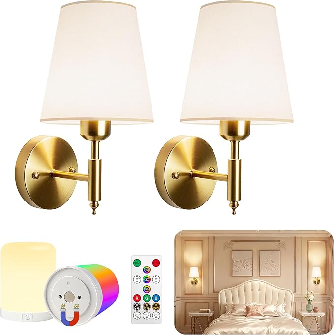 Adetu Battery Operated Wall Sconces Set of Two, Gold Rechargeable Wall Lights with 10000mAh RGB Rechargeable Magnetic Bulb, Battery Wall Sconce with Remote Control for Bedroom Decor