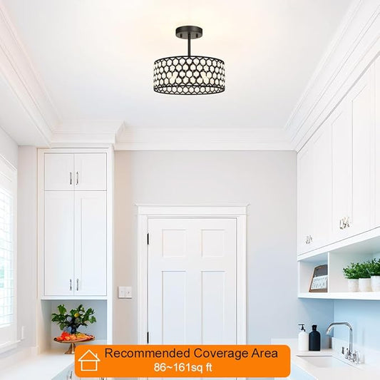 Lxybcce Black Crystal Ceiling Light Fixture - Modern Semi Flush Mount Ceiling Light for Hallway, Kitchen Lighting Fixtures Ceiling, Dazzling Prism Chandelier for Foyer Closet Bedroom, 3 Light, 12 in