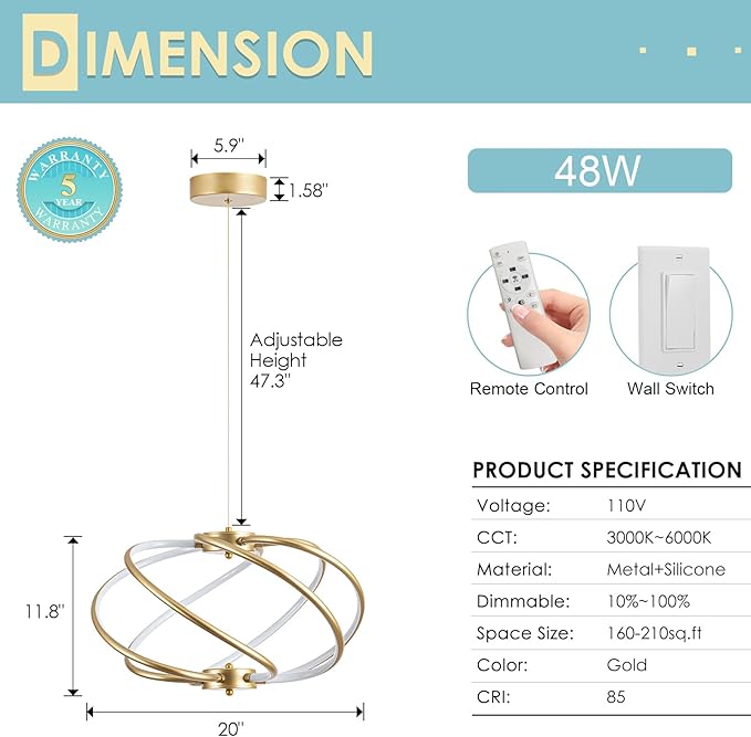 CHYING Modern Gold Chandelier with Remote Control, 48W 3-Color Temperature Dimmable LED Chandelier for Dining Room, Hanging Adjustable Pendant Light for Living Room Kitchen Entryway Foyer