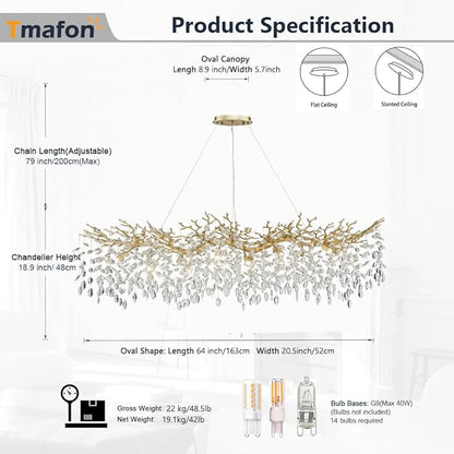 Modern Gold Crystal Chandeliers Chandeliers - L63 inch Rectangular Golden Tree Branches Ceiling Pendant Light Fixtures, Luxury K9 Raindrop for Dining Room