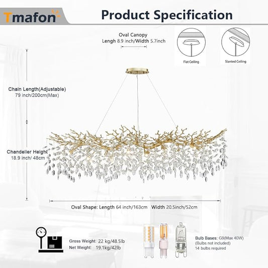 Modern Gold Crystal Chandeliers Chandeliers - L63 inch Rectangular Golden Tree Branches Ceiling Pendant Light Fixtures, Luxury K9 Raindrop for Dining Room