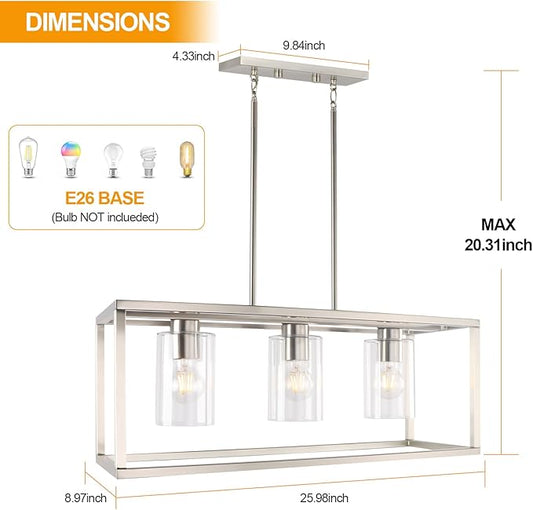 Kalium Chandeliers for Dining Room, 3 Light Dining Room Light Fixture Modern Metal Industrial Kitchen Lighting Fixtures Easy Installation Pendant Lights for Bar Restaurant-E26 Socket, Silver