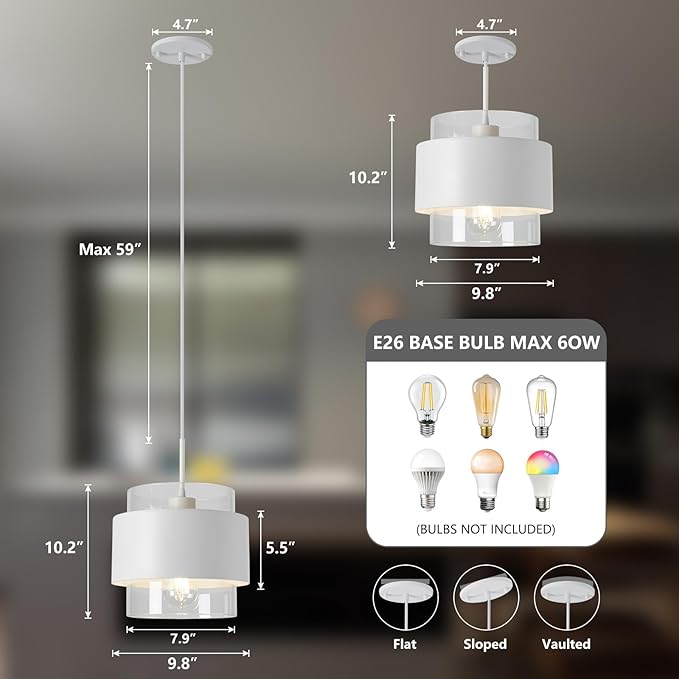 9.8" Modern Pendant Lights Kitchen Island, Industrial Pendant Lighting with Durable Metal Shades, Adjustable Hanging Light Fixtures for Kitchen Island Living Room Hallway,2 Pack