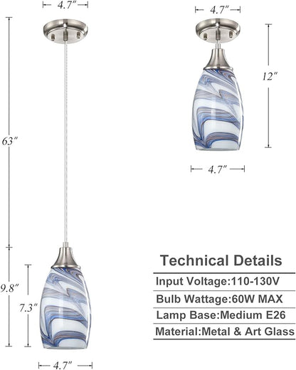 karyfine Mini Art Glass Pendant Lights Kitchen Island Blown Glass Pendant Lighting with Brushed Nickel Finish Adjustable Cord Ceiling Hanging Lamp for Hallway,Dining Room White and Dark Blue-1P