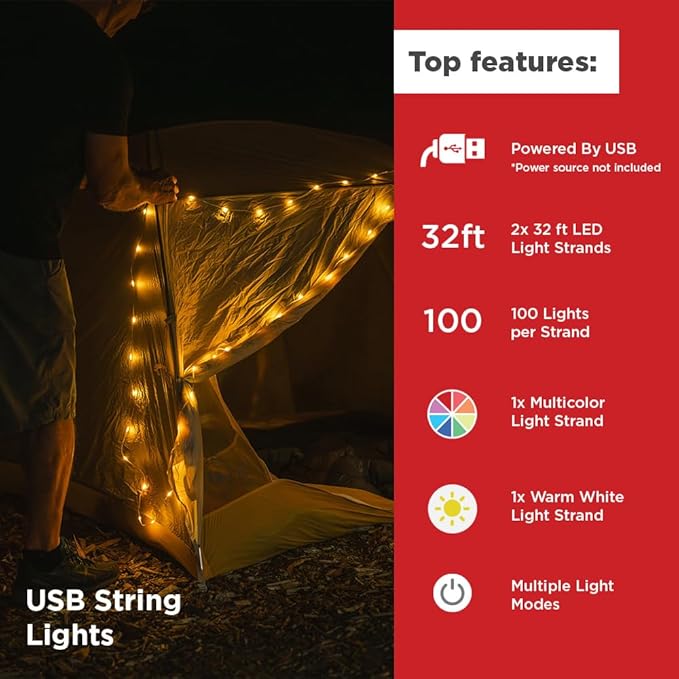 LuminAID LED String Lights - 2-Pack of 32ft USB Lights with 100 LED Bulbs per Strand - Warm White and Multicolor with 8 Modes - Perfect for Camping, Backyard, Patio, Power Outages, Indoor & Outdoor
