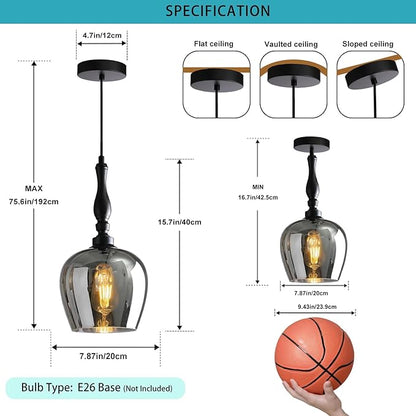 Modern Pendant Light Kitchen Island, Boho Chandelier, 7.87" Bell Shape Hanging Lamp Ceiling Lighting Fixture with Glass Lampshade (Smoke Grey)