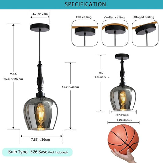 Modern Pendant Light Kitchen Island, Boho Chandelier, 7.87" Bell Shape Hanging Lamp Ceiling Lighting Fixture with Glass Lampshade (Smoke Grey)