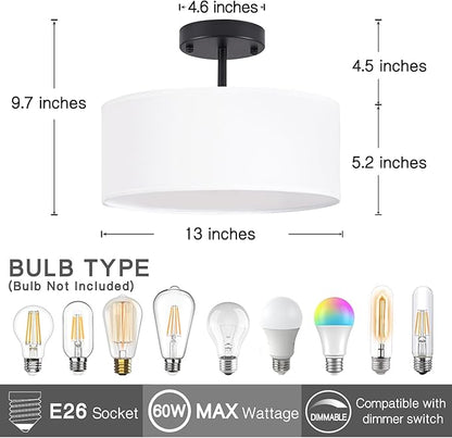 Bargeni Semi Flush Mount Ceiling Light,13 inch Modern 3-Light Ceiling Light Fixture,Black Semi Flush Mount Light Fixture,Flush Mount Lighting for Bedroom,Dinning Room and Hallway