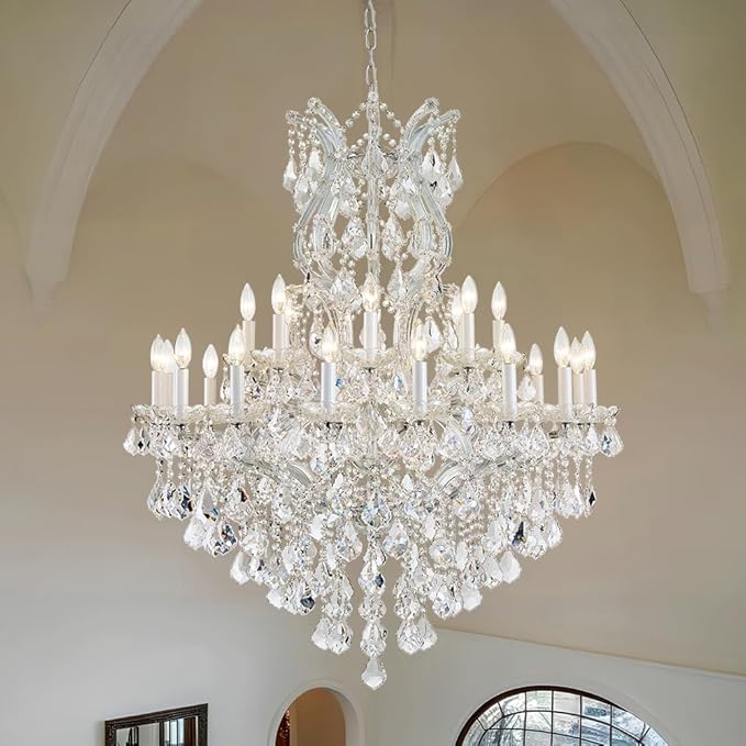 Large Silver Modern Crystal Chandelier Light Fixtures - 24 Lights, Maria Theresa Crystal Pendant Light Foyer Chandelier Fixtures for Staircase Hallway Living Room Entryway