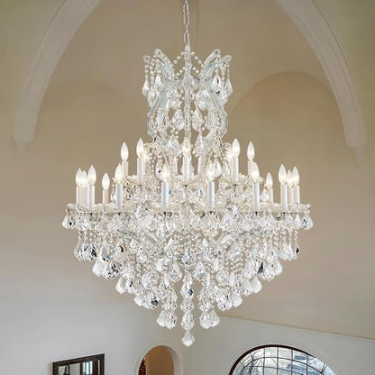 Large Silver Modern Crystal Chandelier Light Fixtures - 24 Lights, Maria Theresa Crystal Pendant Light Foyer Chandelier Fixtures for Staircase Hallway Living Room Entryway