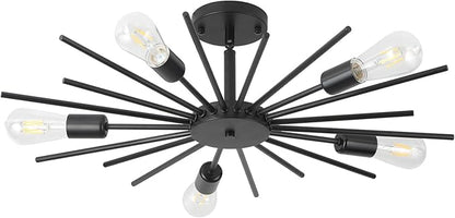 Black Semi Flush Mount Ceiling Light, 27.5 Inch 5-Light Large Sputnik Flush Mount Light Fixtures, Farmhouse Industrial Sloped Ceiling Lighting for Kitchen, Entryway, Bedroom, Living Room