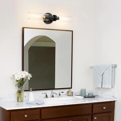 SANTOSTOCK Black Sconces Wall Lighting, Bathroom 2-Light Vanity Light W/Clear Glass Shade, Modern Wall Mounted Lights for Mirror, Makeup Vanity, Kitchen, Washroom, Hallway, E26 T10 Bulbs(Excluded)