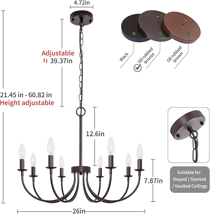 8-Light Farmhouse Chandelier for Dining Room Lighting Fixtures Hanging, Oil Rubbed Bronze Candle Chandelier Rustic Industrial Modern Chandelier for Living Room, Bedroom, Foyer